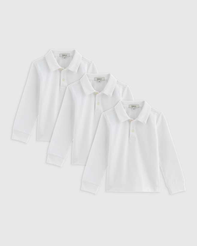 White Organic Cotton Long Sleeve Pique Polo 3-Pack