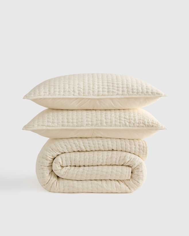 Ivory European Linen Cotton Stitch Quilt Set